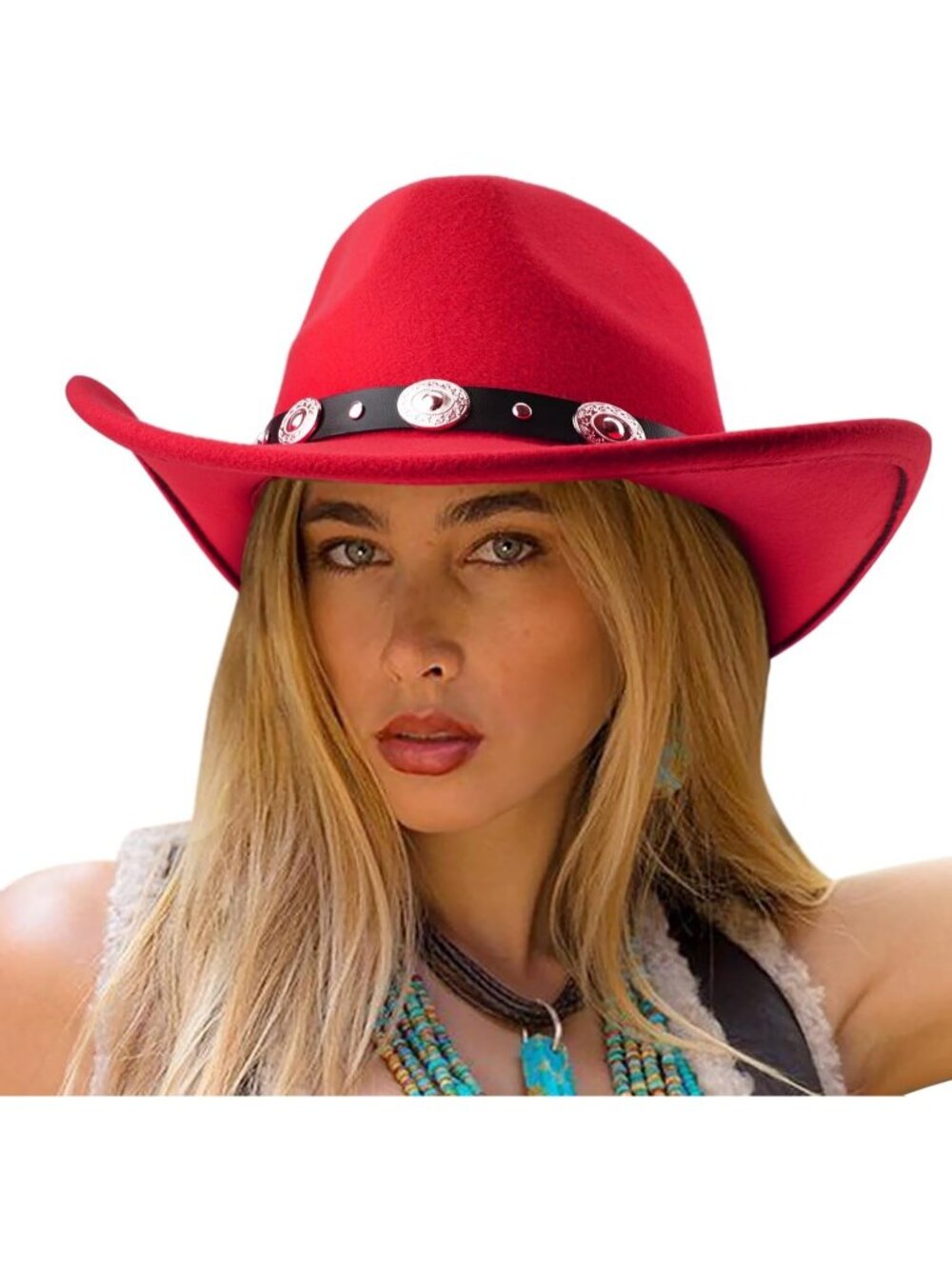 Unisex Red Circumference 22-22.8" Felt Wide Cowboy Western Cowgirl Hat